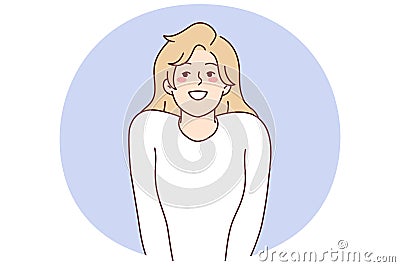 Modest attractive woman stands in shy pose pressing hands to body, sincerely smiling. Vector image Vector Illustration