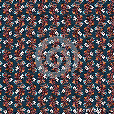 Modest botanical fabric pattern Simple white blue orange red flowers flat lay on a dark blue background Stock Photo