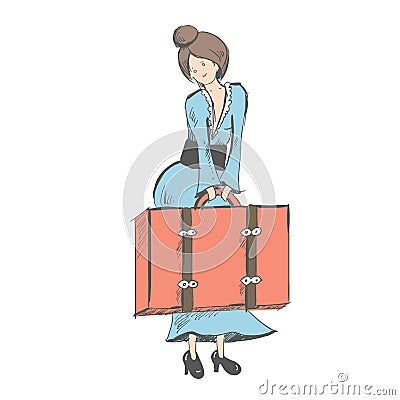 A modest girl holds a suitcase in front of her. Vector Illustration