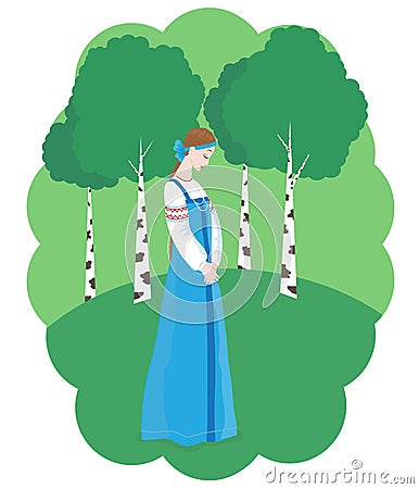 A modest girl walks among the birches Vector Illustration