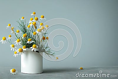 Modest summer bouquet of white delicate chamomile in vase on table Stock Photo