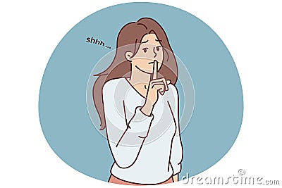 Modest woman puts finger to lips wanting to keep secret or calm interlocutor. Vector image Vector Illustration