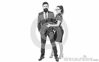 Modesty is key. Couple in classy fashion style. Business partners with fashion look. Fashion models in formalwear Stock Photo