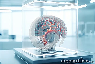 Modified brain behind transparent glass in a futuristic laboratory background. Concept of biohacking, bioengineering, Stock Photo
