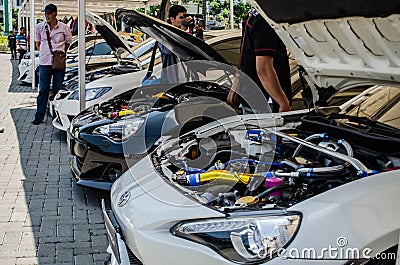 Modified engine FA20 and 4U-GSE on Subaru BRZ and white Toyota 86 Editorial Stock Photo