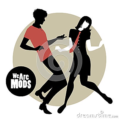 We are Mods. Silhouettes of couple wearing retro clothes in the 1960s Mod style dancing Stock Photo