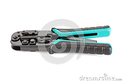 Modular crimper for RJ-45 and RJ-11 isolated on white background. internet or telephone line cables and crimper. Crimping Stock Photo