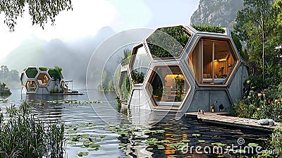 Modular floating greenhouses with hexagonal patterns in serene water Stock Photo