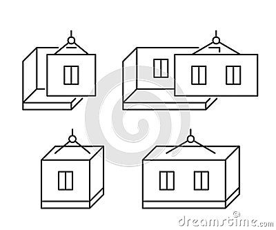 Modular house construction, line icon set. Building home from prefabricated panels. Modern prefab fast technology in Vector Illustration