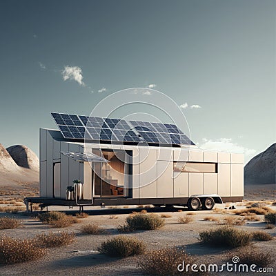 Modular modern smart home with solar panels on the roof. Stock Photo