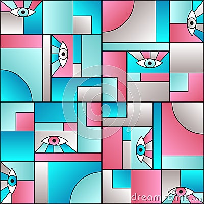 Modular pattern with eyes in geometric shapes grid 80s and 90s vintage fashion fabric print. Vector Illustration