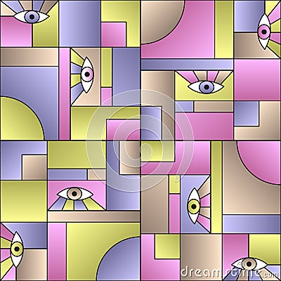Modular pattern with eyes in geometric shapes grid scandinavian fashion retro textile print. Vector Illustration