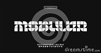 Modular tile alphabet, square module pattern letters, geometric grid font for digital logo, technological headline Vector Illustration