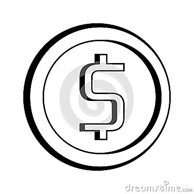 Moeny coin with cash symbol isolated in black and white Vector Illustration