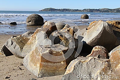 Moeraki Boulders, Large Spherical Stones Stock Photo