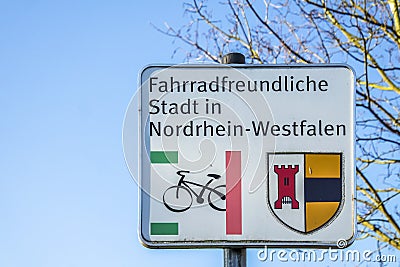 Moers , Germany - February 09 2018 : German sign translation: Bicycle friendly city of Northrhine Westphalia Editorial Stock Photo