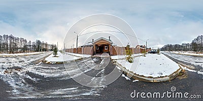 MOGILEV, BELARUS - DECEMBER, 2017: panorama 360 degrees angle view near gate of wooden vacation house in the winter cloudy day in Editorial Stock Photo