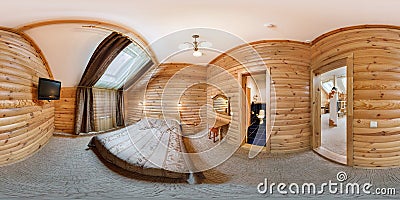 MOGILEV, BELARUS - JUNE 18, 2012: Panorama in interior stylish room in hotel in rustic wood style. Full 360 degree seamless Editorial Stock Photo