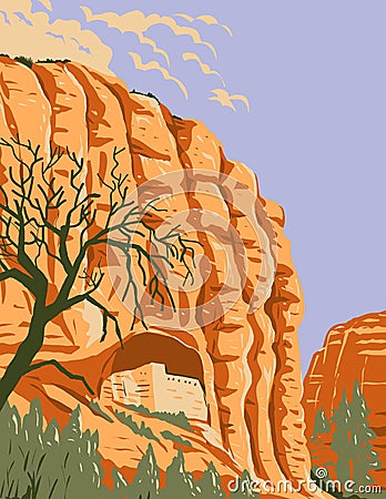 Mogollon Cliff Dwellings in Gila Cliff Dwellings National Monument Located in the Gila Wilderness New Mexico WPA Poster Art Vector Illustration