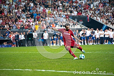 Mohamed Salah, forward of Liverpool FC, before kiks decisive penalty in gate Chelsea FC in the match UEFA Super Cup Editorial Stock Photo