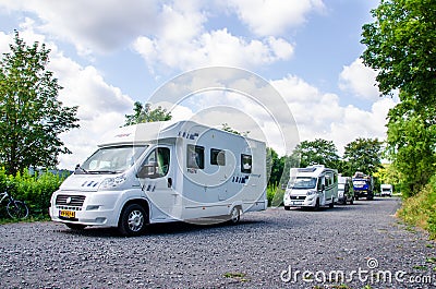 Mohnesee, Delecke, Germany - August 1, 2019: Motorhome Parking and campsites near Mohnesee Editorial Stock Photo