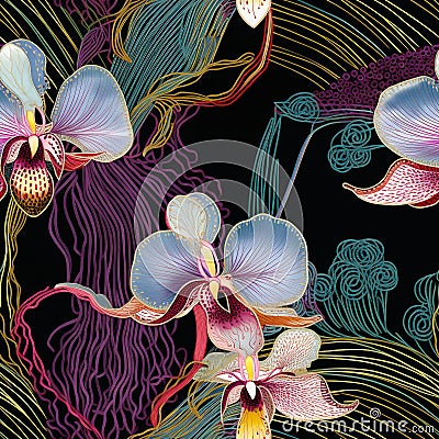 Moire seamless pattern with orchids, tropical exotic flowers, intricate fabric textile, colorful floral whimsical design for cloth Stock Photo