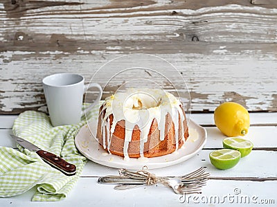 Moist lime and lemon bundt yoghurt cake, white Stock Photo