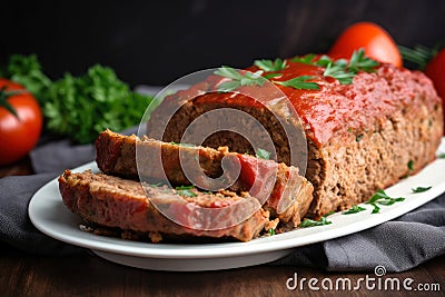 Moist and tender meatloaf made with a blend of ground beef and pork, garnished with sliced tomatoes and fresh parsley Stock Photo