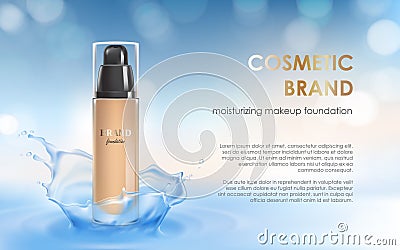 Moisturizing colorstay make-up in elegant packaging on a background of water splash Vector Illustration