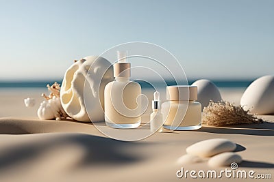 Moisturizing oils and lotions for tanning on a beach against the sea Stock Photo