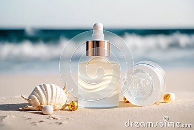 Moisturizing serum and cream for sunbathing is on the background of the sea. Generative AI Stock Photo