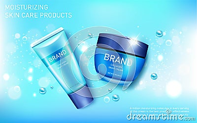 Moisturizing skin care cosmetics tube and cream jar advertising on blue background Vector Illustration