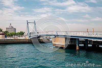 Mojiko retro town. Blue wing moji bridge on sea in Kitakyushu, Japan Stock Photo