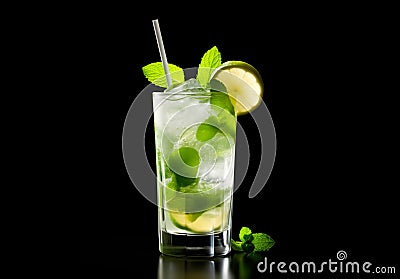 Mojito cocktail, garnished with fresh mint and a slice of lime in a tall glass Stock Photo