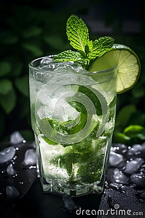 Mojito cocktail with lime and mint in glass on a black table over dark background. Cool refreshment drink close-up. Summer Stock Photo