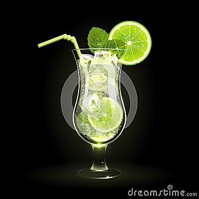 Mojito Cocktail with Lime and Mint Leaves Vector Illustration