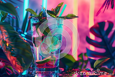 Mojito Cocktail on Neon Background, Mint Tropical Mocktail, Fresh Beach Party Coctail Stock Photo