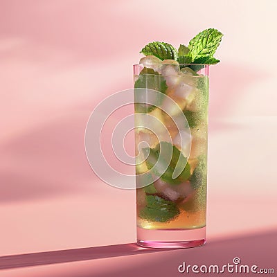Mojito Cocktail on Pink Background, Mint Tropical Mocktail, Fresh Beach Party Coctail, Summer Drink Stock Photo