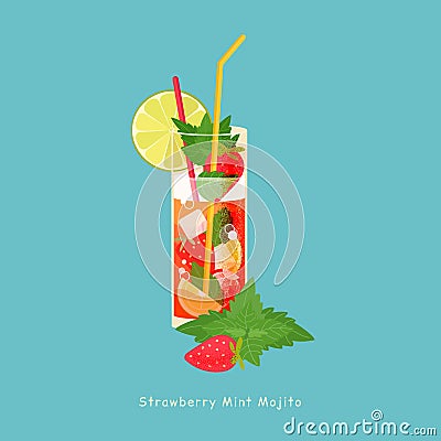 Mojito cocktail with strawberry, lime and mint on blue background. Vector fruit illustration Vector Illustration