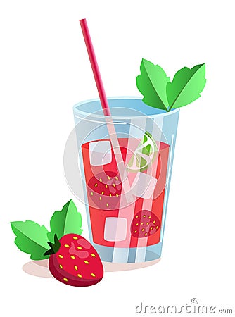 Mojito cocktail with strawberry, lime and mint. Vector illustration. Vector Illustration