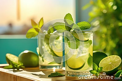 Mojito cocktails on the wooden table at sunny kitchen, Generative AI Stock Photo