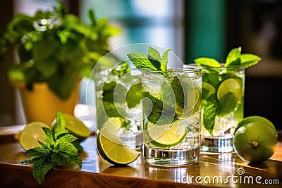 Mojito cocktails on the wooden table at sunny kitchen, Generative AI Stock Photo