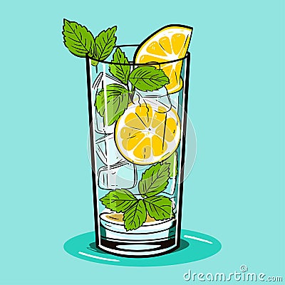 Mojito in a glass. Alcohol or non-alcoholic cocktail. Classic cocktail with lime, mint and ice. Vector Vector Illustration