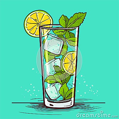 Mojito in a glass. Alcohol or non-alcoholic cocktail. Classic cocktail with lime, mint and ice. Vector Vector Illustration