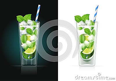 Mojito glass with pipe. Alcohol cocktail. Vector Illustration