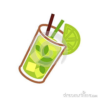 Mojito green cocktail in glass with lime slice Vector Illustration