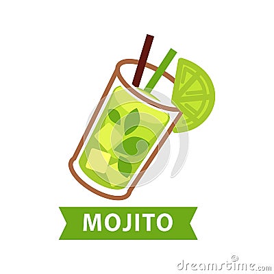 Mojito green cocktail in glass with lime slice Vector Illustration