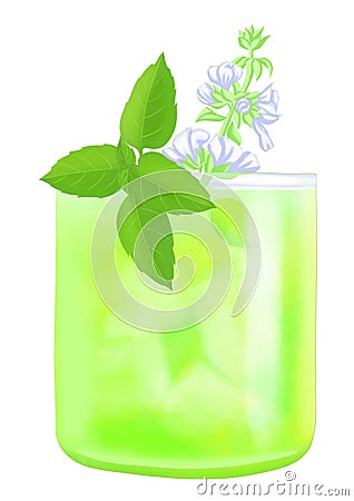 Mojito, green cocktail with ice, mint and flowers Cartoon Illustration