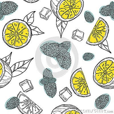 Mojito hand draw seamless pattern. Glass of lemonade, ice cubes, mint leaves, lime slice and whole lime. Vector Illustration