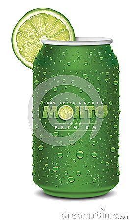 Mojito juice can with many juice drops, lime slice Vector Illustration